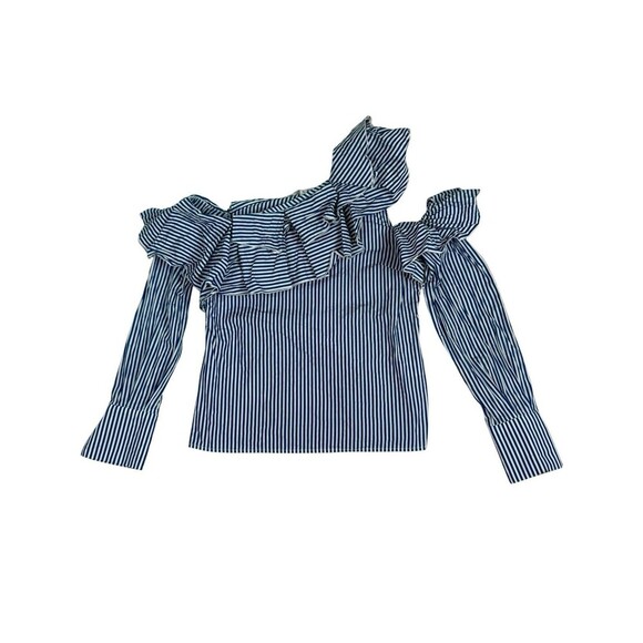Leith Tops - Leith Blue White Stripe Off Shoulder Ruffle Top One Shoulder Blouse XS Cotton